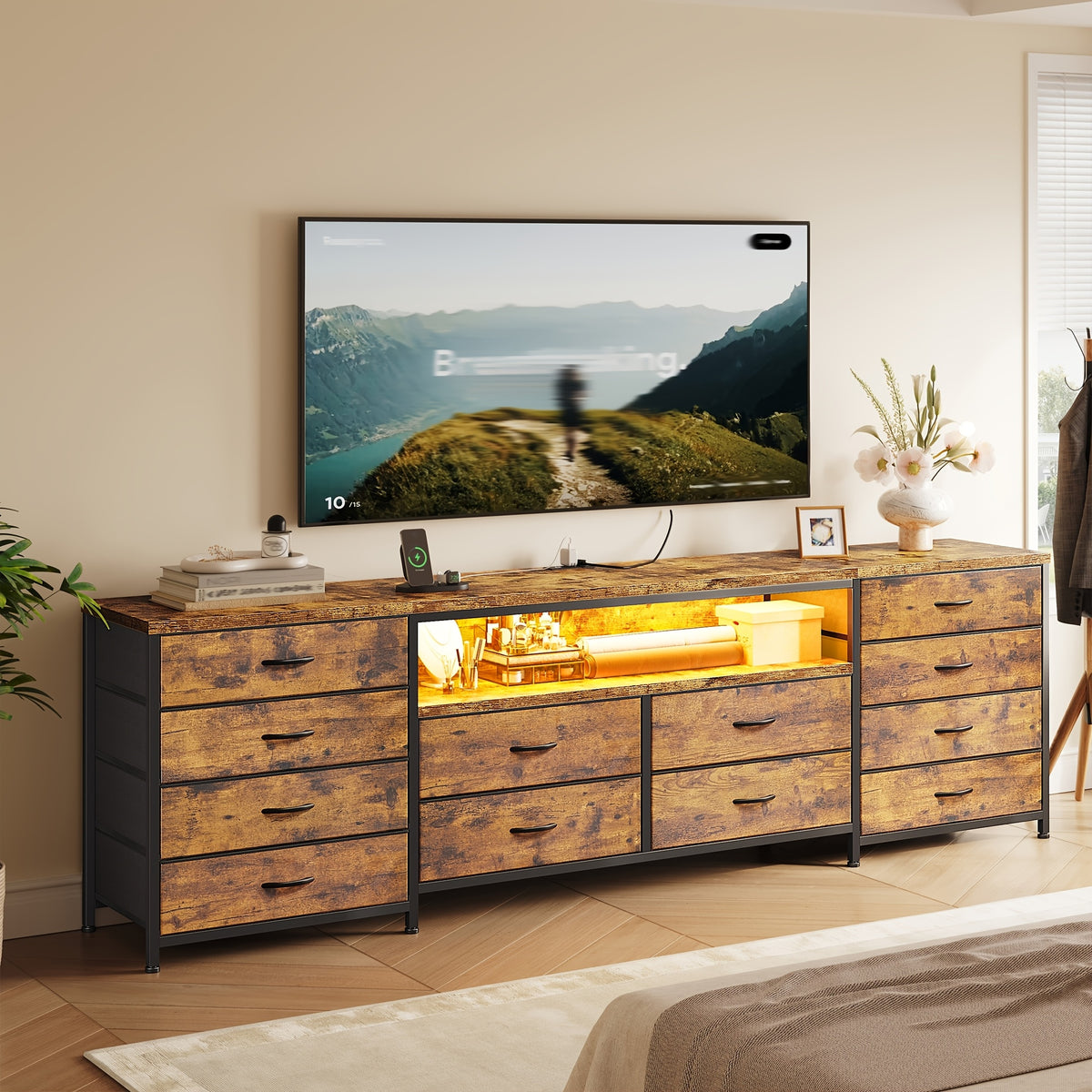 [12 PCS] 63"W Modern TV Stand Dresser with LED Lights & Power Outlets, for Up to 70 Inch TVs, Fabric Chest Of 12 Drawers, Entertainment Center for Bedroom, Living Room, Hallway, Black, Brown