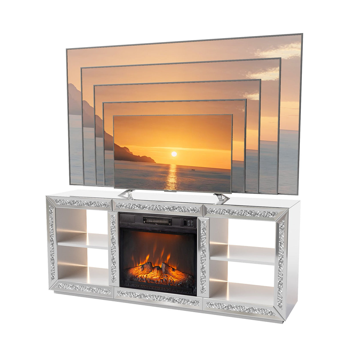 Silver Mirror Modern TV Stand with 18 Inch Fireplace Insert & Storage Shelves, Medium Density Fiberboard Fireplace TV Console for Living Room, 143 x 35 x 62 cm