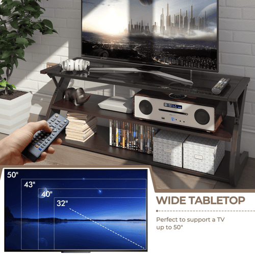 3-Tier Media Console TV Stand with Tempered Glass Top, Stable and Modern Design. Ideal for Living Room, Bedroom, Media Room, Home Theater, Apartment, Lounge and Entertainment Areas.