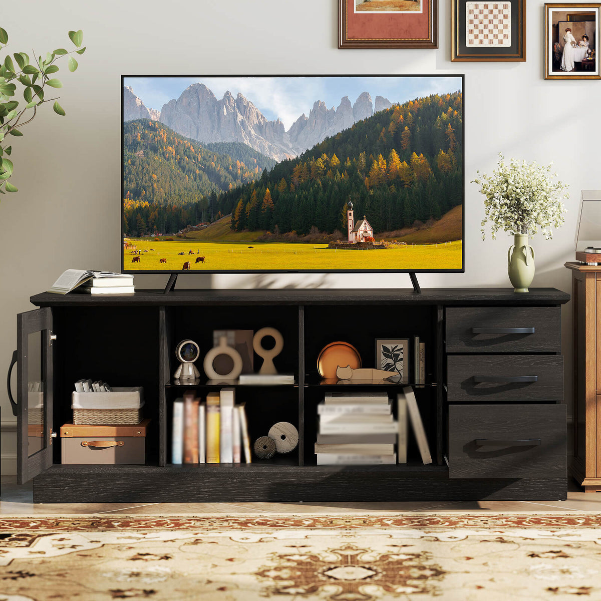 COSTWAY TV Stand Designed for 73-Inch Televisions, Featuring a 63-Inch Media Console Table Equipped with Three Drawers, Two Glass Shelves, And Cable Management Holes, Suitable for Living Rooms, Bedrooms, And Entryways, Available in Black And Gray