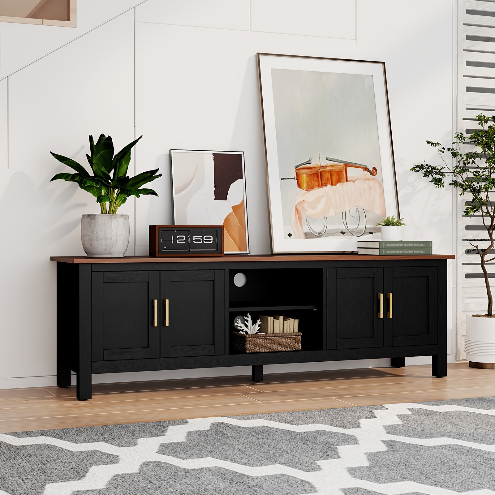 63 Inch TV Stand for TVs Up to 75", Farmhouse Entertainment Center with Storage, Wood TV Console with Cabinet, Under TV Cabinet for Living Room