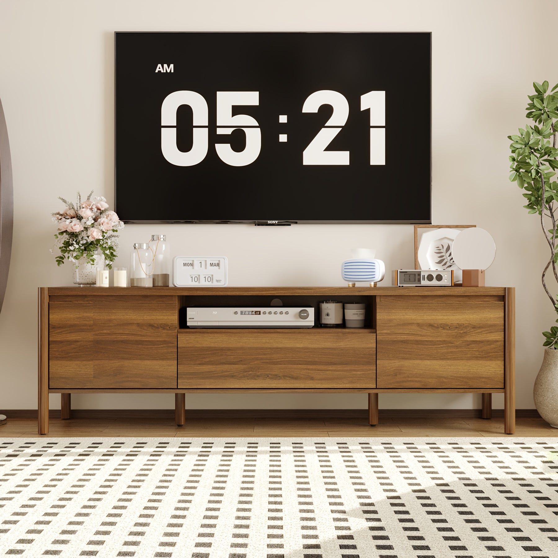 70.9'' Modern TV Stand with Up to 82'' Tvs, TV Console with 2 Cabinets, Open Shelves & Flip-down Door, Media Console Table Entertainment Center with Rubber Wood Legs, for Living Room, Stylish Design, Sturdy Structure
