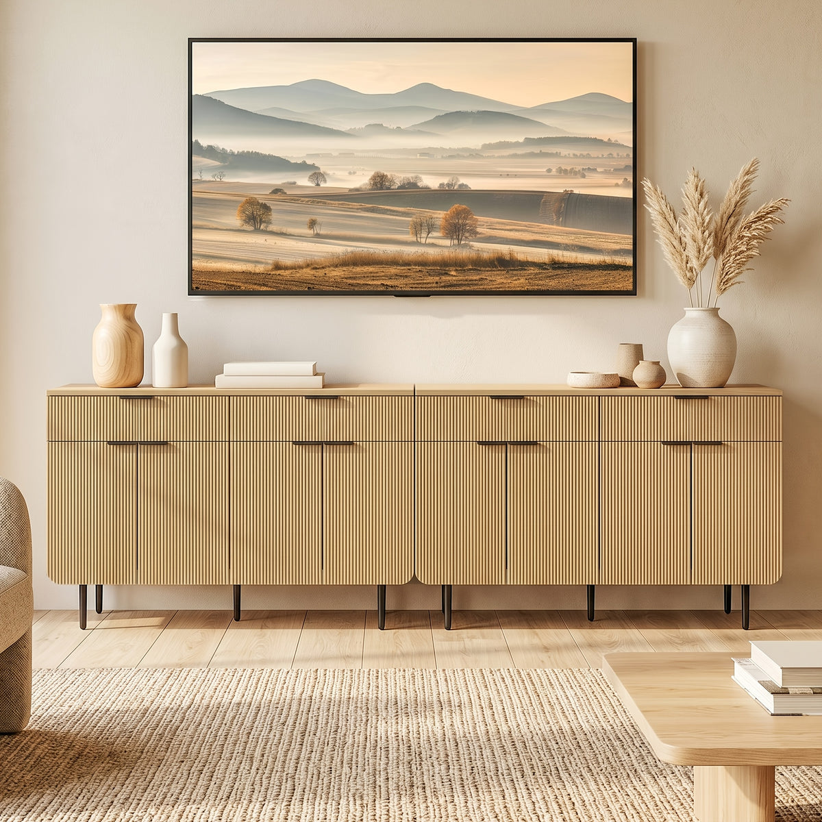 Modern Fluted TV Stand for 70/75/80 Inch TV, Wood TV Console Table with Large Storage, Accent Buffet Cabinet with 4 Doors And 2 Drawers, Storage TV Cabinet for Bedroom, Living Room, Entryway, Blue Or Wood