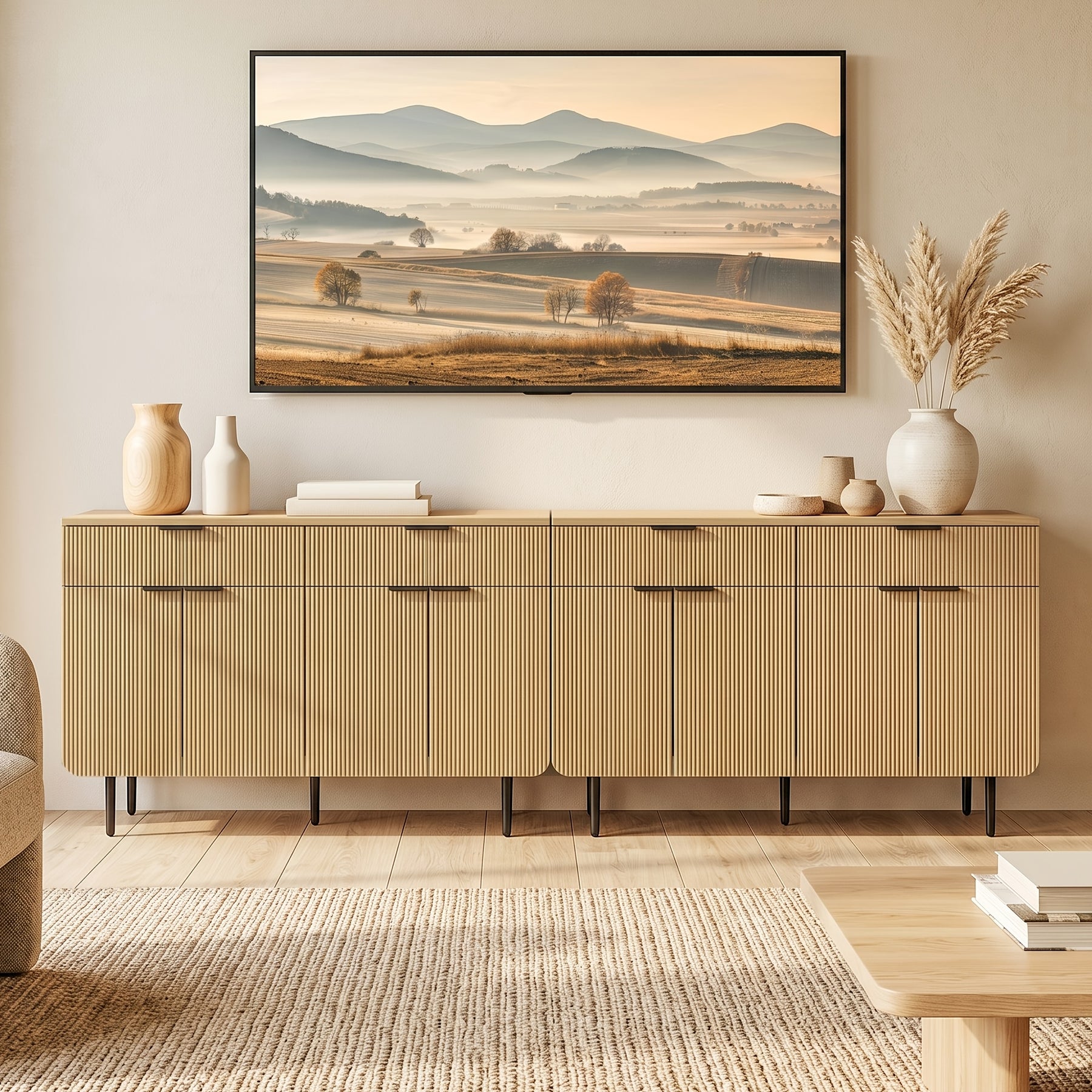 Modern Fluted TV Stand for 70/75/80 Inch TV, Wood TV Console Table with Large Storage, Accent Buffet Cabinet with 4 Doors And 2 Drawers, Storage TV Cabinet for Bedroom, Living Room, Entryway, Blue Or Wood
