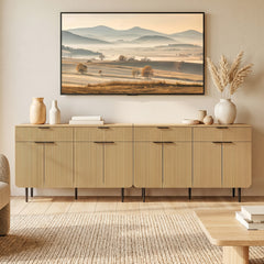 Modern Fluted TV Stand for 70/75/80 Inch TV, Wood TV Console Table with Large Storage, Accent Buffet Cabinet with 4 Doors And 2 Drawers, Storage TV Cabinet for Bedroom, Living Room, Entryway, Blue Or Wood
