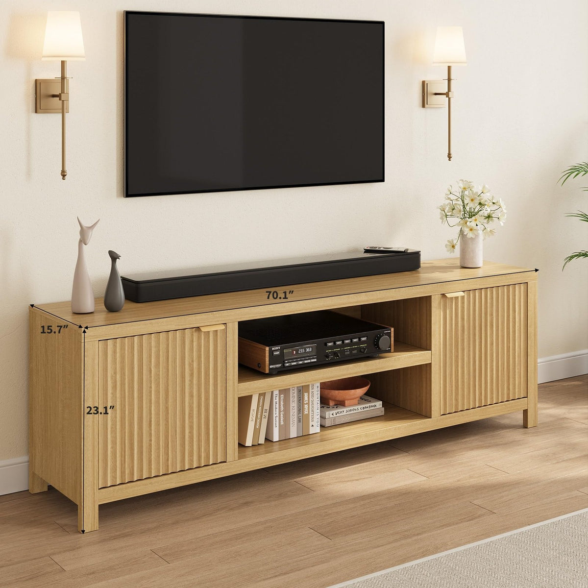 IDEALHOUSE Modern TV Stand for 80-inch TVs Suitable for Living Room & Bedroom, Natural Oak Media Cabinet with Adjustable Shelves, 2-Tier Storage Entertainment Center, Furniture for 80 Inch Screens