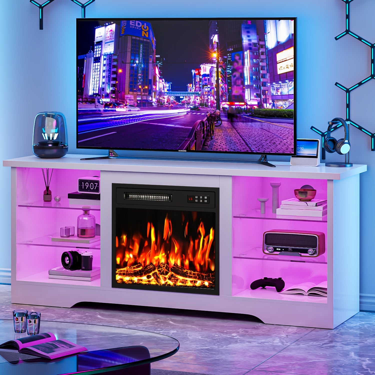58 Inches Fireplace TV Stand for Tvs Up to 65 Inches Console with 18'' Electric Fireplace & Remote, Wooden Modern Entertainment Center for Living Room with LED Light Glass Shelves