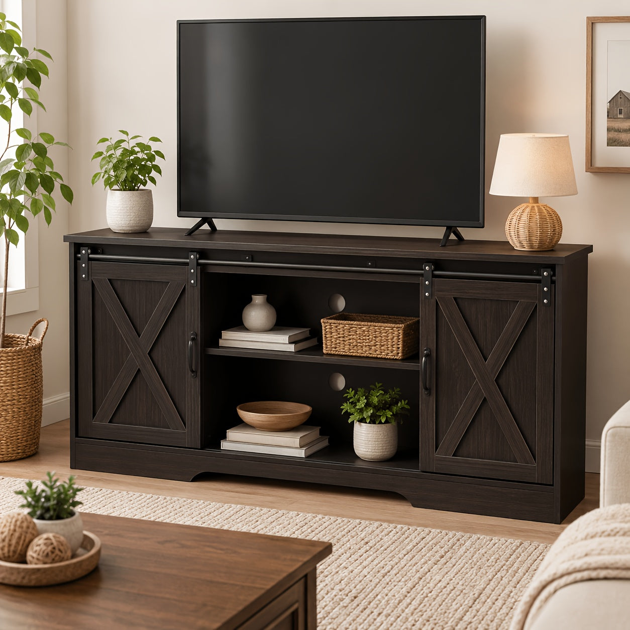 Modern Farmhouse Media Entertainment Center, Sliding Barn Door TV Stand Fits 65 Inch Television, TV Console with Storage Cabinets And Removable Adjustable Shelves, Suitable for Living Room & Bedroom, Available In White And Black