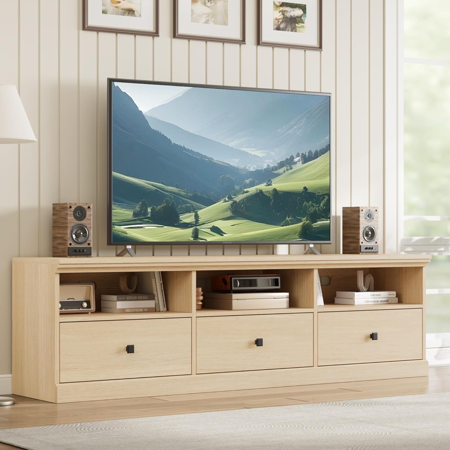 70in TV Stand for TVs up to 75in, Entertainment Center with Storage Drawer, Mid-Century Modern TV Console with Open Shelves, Wood Media TV Cabinet for Living Room, Bedroom