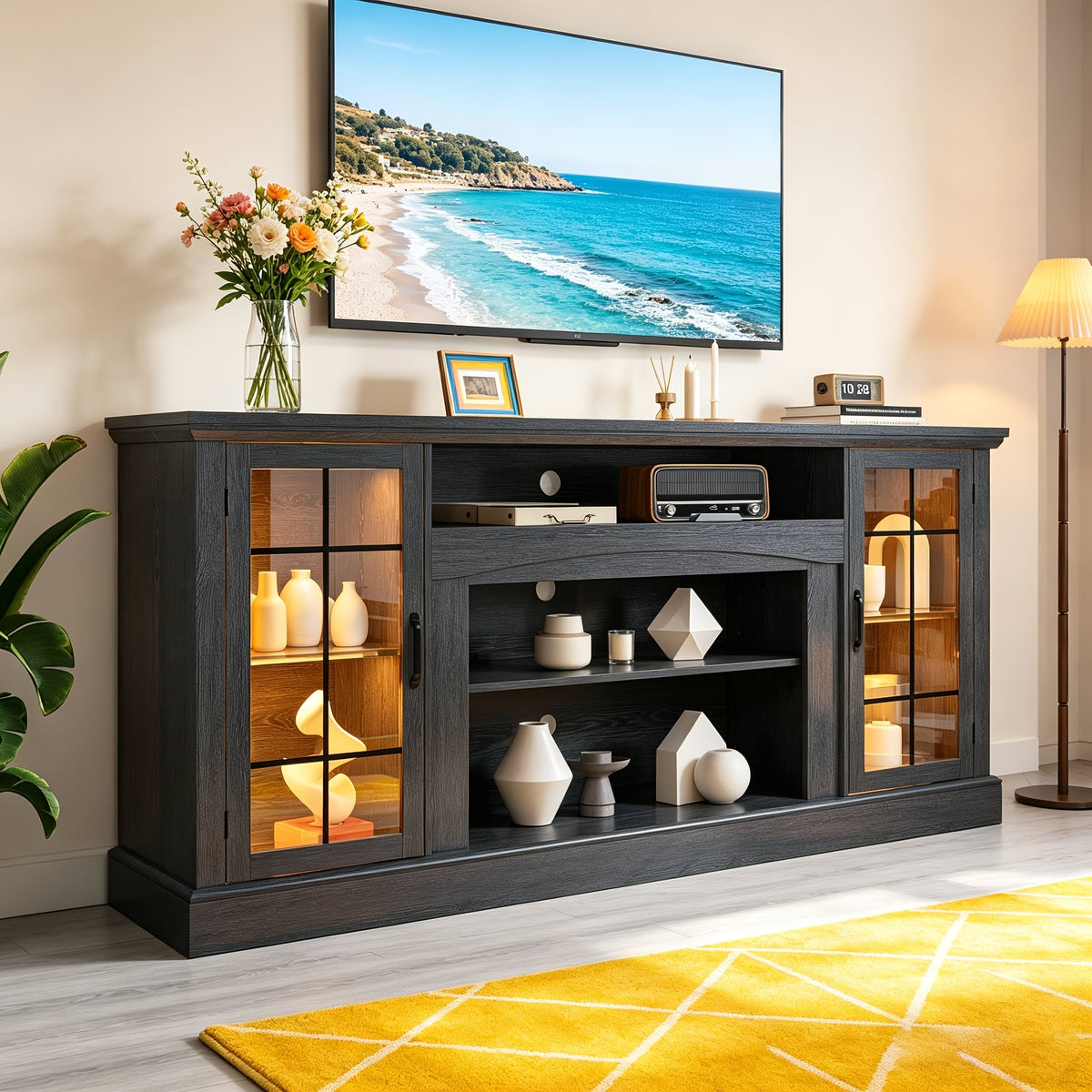 70/58 Inch Farmhouse Media Console with Glass Door Cabinet And Adjustable Shelves, Dimmable LED Lights for  Ambiance, Large Storage Entertainment Stand Fits TVs Up to 75/60 Inch, Perfect Gift for New House, 3 Colors & 2 Sizes Optional