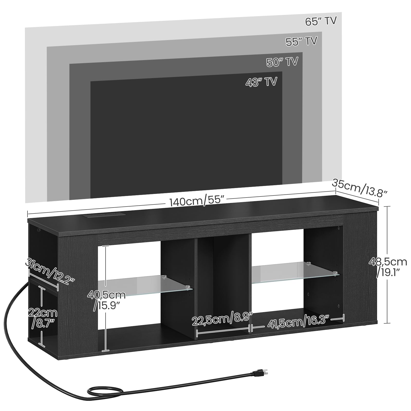 CHOEZON 55" TV Stand for up to 65" TVs with RGB LED Lights, Built-in Power Outlet, Adjustable Glass Shelves & Open Storage, Modern Media Console for Living Room & Game Room, Black MDS05UDBB