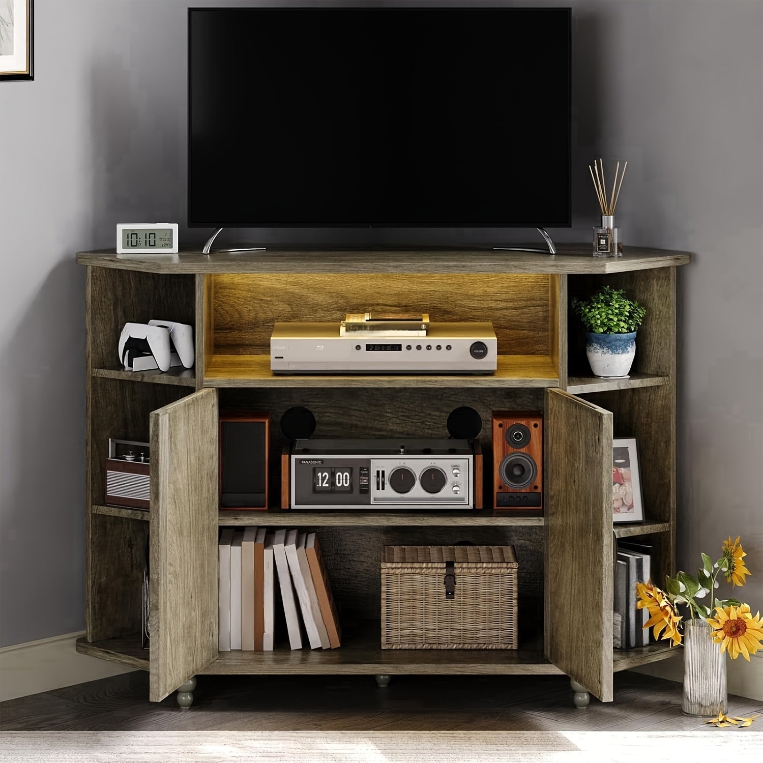 Office Rustic Oak White Brown Grey Corner TV Stand for 55 Inch with LED Lights, Studio Corner TV Cabinet with Adjustable Shelves, Corner Entertainment Center with Barn Doors for Office, Studio, Rustic Oak White Brown Grey