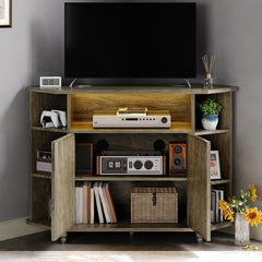Office Rustic Oak White Brown Grey Corner TV Stand for 55 Inch with LED Lights, Studio Corner TV Cabinet with Adjustable Shelves, Corner Entertainment Center with Barn Doors for Office, Studio, Rustic Oak White Brown Grey