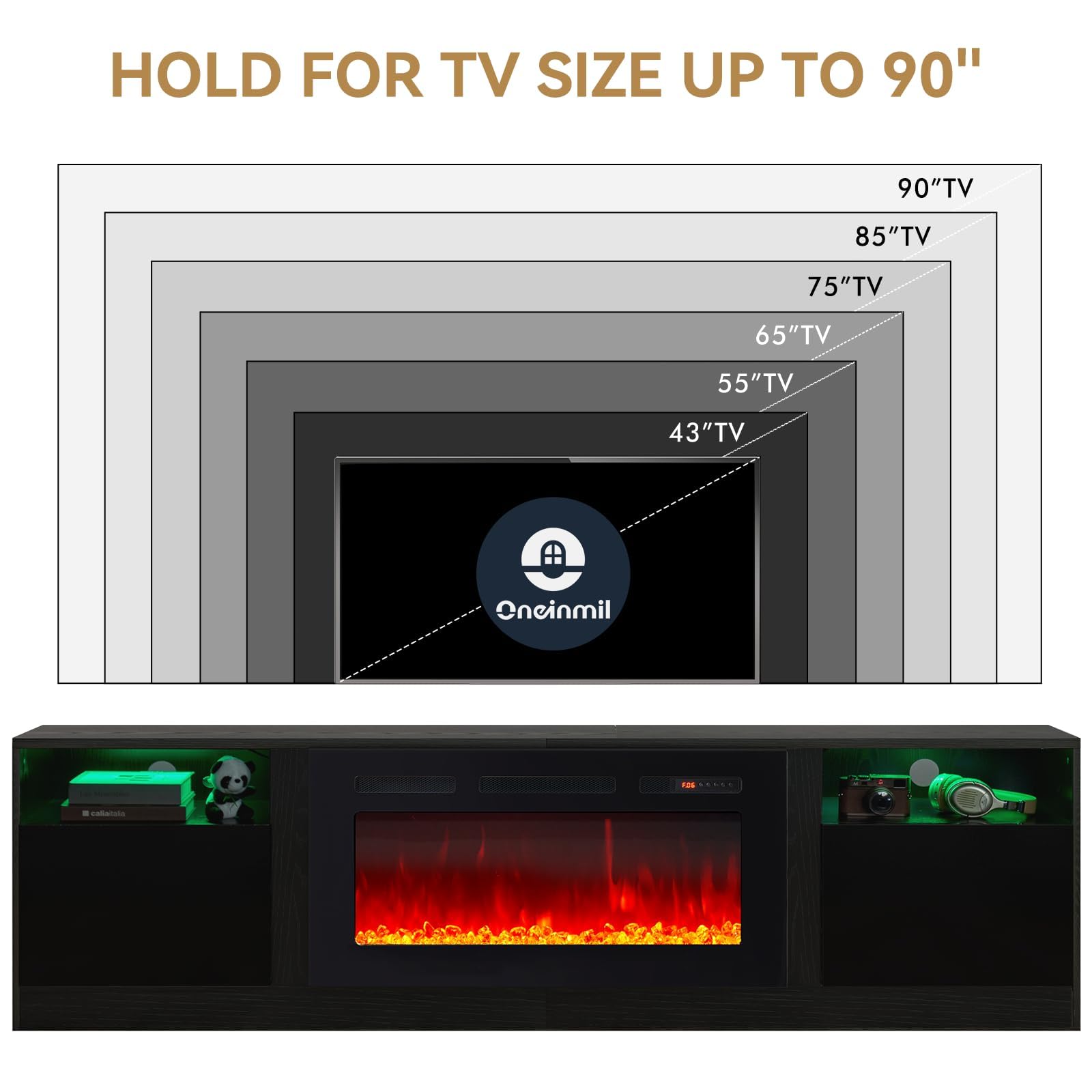 oneinmil Fireplace TV Stand with 36" Electric Fireplace, LED Light Entertainment Center, Modern Wood Texture Entertainment Stand with Highlight Storage Cabinet for TVs Up to 80", 70 inches, Black