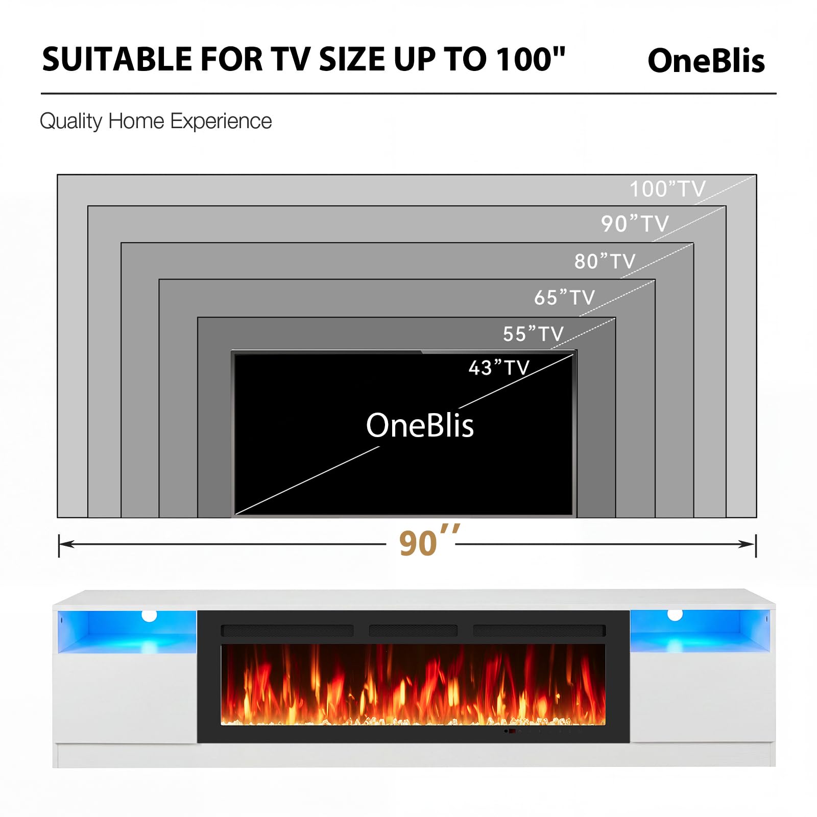 oneinmil Fireplace TV Stand with 36" Electric Fireplace, LED Light Entertainment Center, Modern Wood Texture Entertainment Stand with Highlight Storage Cabinet for TVs Up to 80", 70 inches, Black