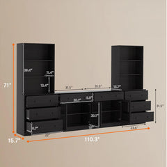 TUSY 71" Large TV Stand Set - TV Entertainment Center for TVs up to 65", Media Center with Tempered Glass Doors and Drawer, TV Hutch with Bookshelves for Living Room (White, BDDB)
