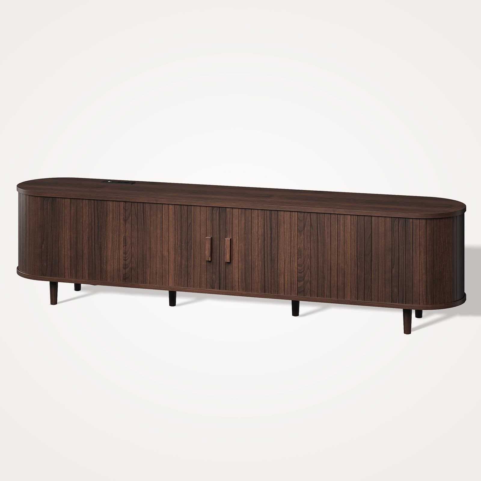 OneBlis 70" Mid Century Modern TV Stand, Wood TV Consoles with Sliding Doors and Power Outlet, Entertainment Center with Adjustable Shelves, Fluted TV Stands for Living Room, Walnut