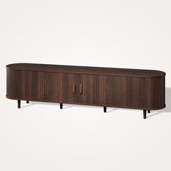 OneBlis 70" Mid Century Modern TV Stand, Wood TV Consoles with Sliding Doors and Power Outlet, Entertainment Center with Adjustable Shelves, Fluted TV Stands for Living Room, Walnut