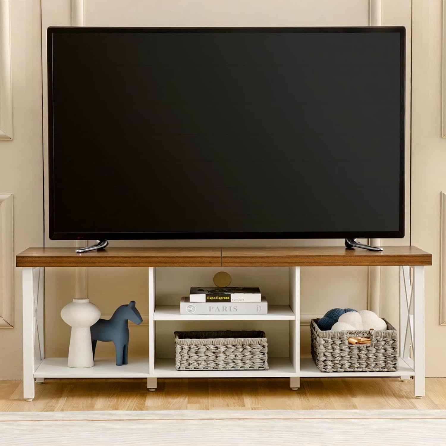 GAZHOME TV Stand for TV up to 55 Inches, TV Cabinet with Open Storage, TV Console Unit with Shelving for Living Room, Entertainment Room, Rustic Brown