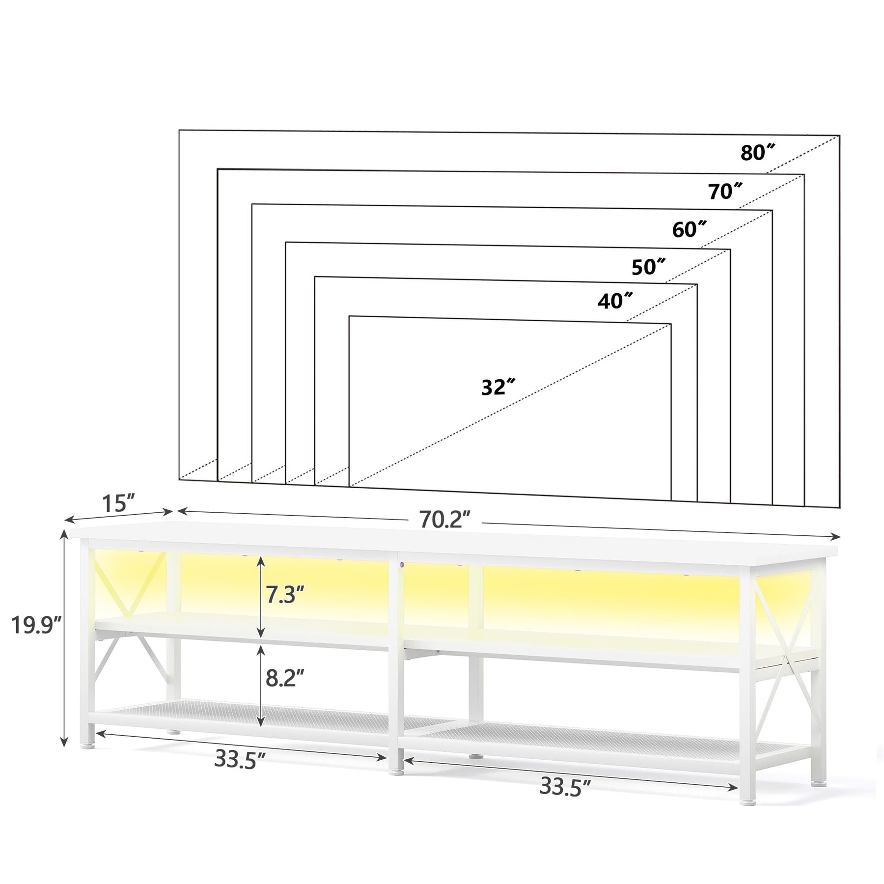 Clikuutory Modern 71 inch Metal TV Stand with LED Lights for 50 55 60 65 70 75 80 Inch TVs, 3 Tier Television Stands with Entertainment Center and Storage for Living Room, Bedroom, White