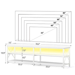 Clikuutory Modern 71 inch Metal TV Stand with LED Lights for 50 55 60 65 70 75 80 Inch TVs, 3 Tier Television Stands with Entertainment Center and Storage for Living Room, Bedroom, White