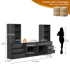 TUSY 71" Large TV Stand Set - TV Entertainment Center for TVs up to 65", Media Center with Tempered Glass Doors and Drawer, TV Hutch with Bookshelves for Living Room (White, BDDB)