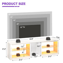 Clikuutory Modern 63 inch TV Stand with LED Lights for 50 55 60 65 70 75 inch TVs, High Gloss Entertainment Center for PS5, TV Cabinet with Glass Shelves for Living Room, Bedroom, Bright Black