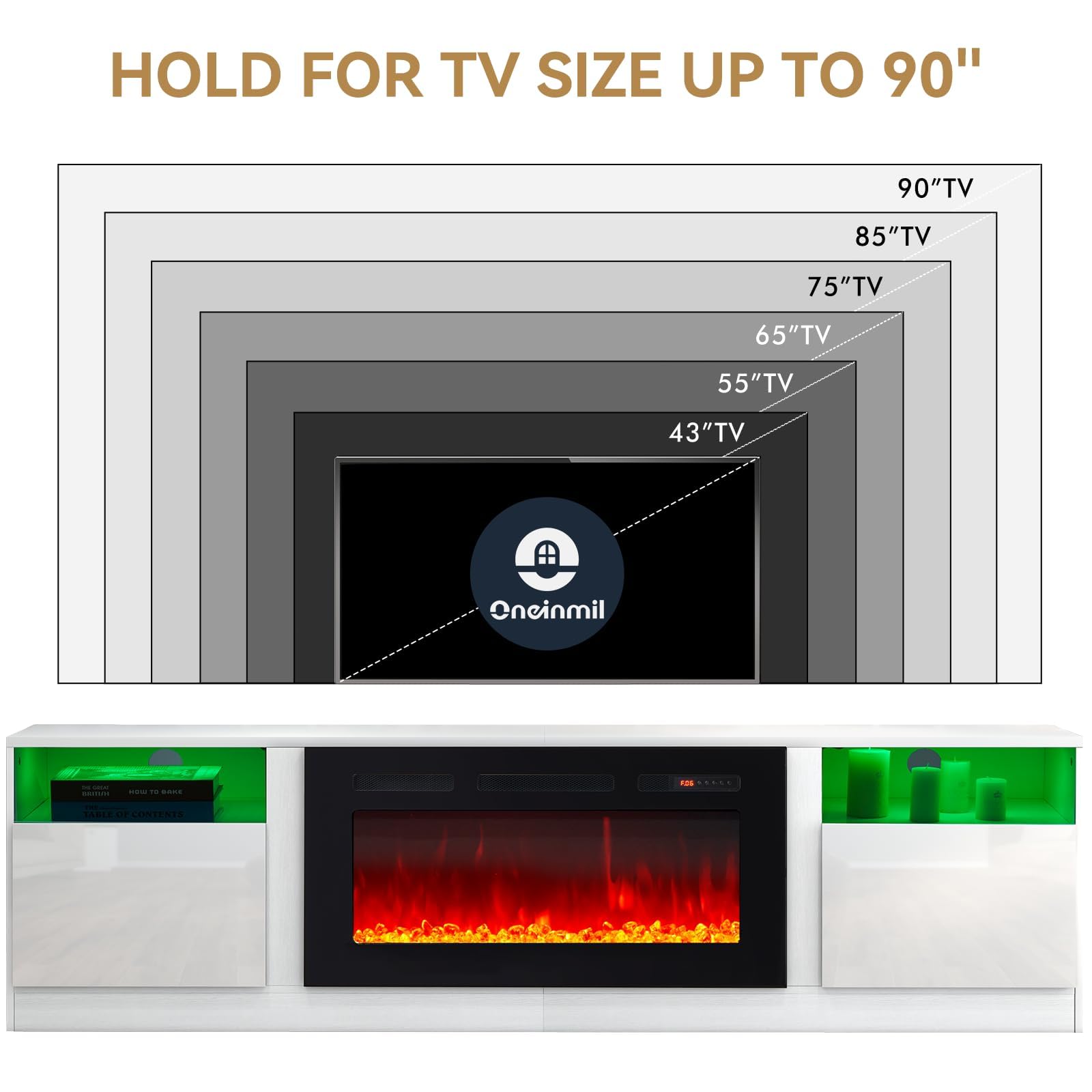 oneinmil Fireplace TV Stand with 36" Electric Fireplace, LED Light Entertainment Center, Modern Wood Texture Entertainment Stand with Highlight Storage Cabinet for TVs Up to 80", 70 inches, Black