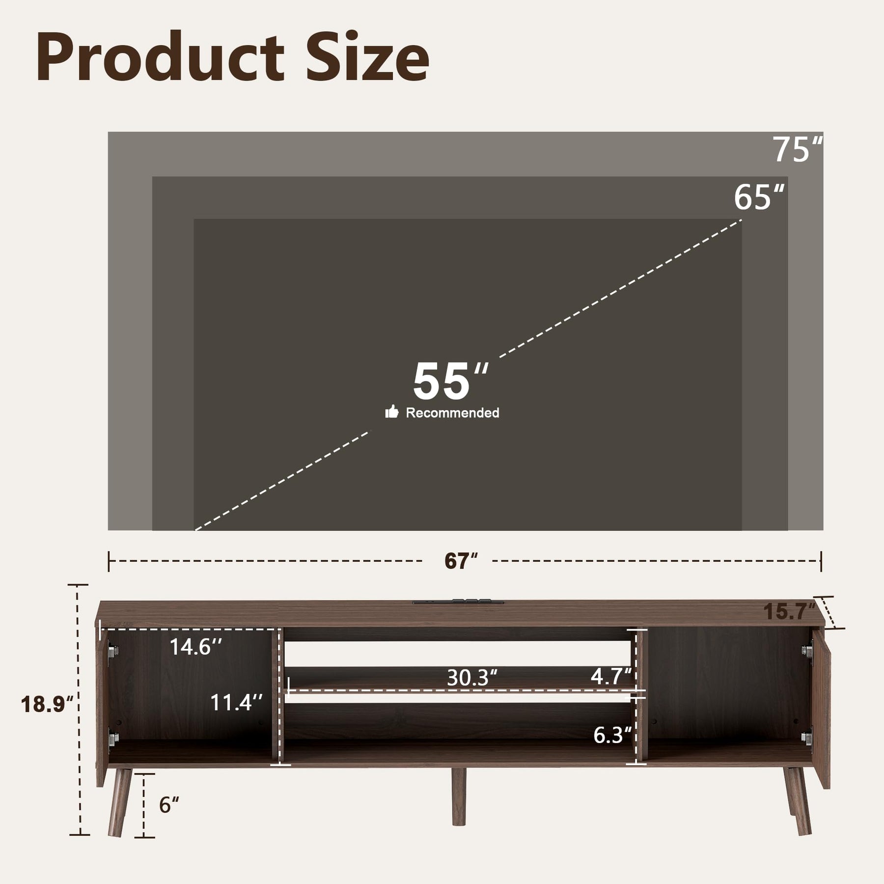 YOSHOOT 63" TV Stand for Living Room, Mid Century Modern Entertainment Center with Power Outlet Fit TVs Up to 70 inch, Fluted Media Console with Open Shelves and Storage Cabinets for Bedroom, Natural