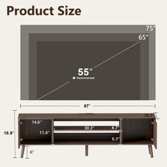 YOSHOOT 63" TV Stand for Living Room, Mid Century Modern Entertainment Center with Power Outlet Fit TVs Up to 70 inch, Fluted Media Console with Open Shelves and Storage Cabinets for Bedroom, Natural