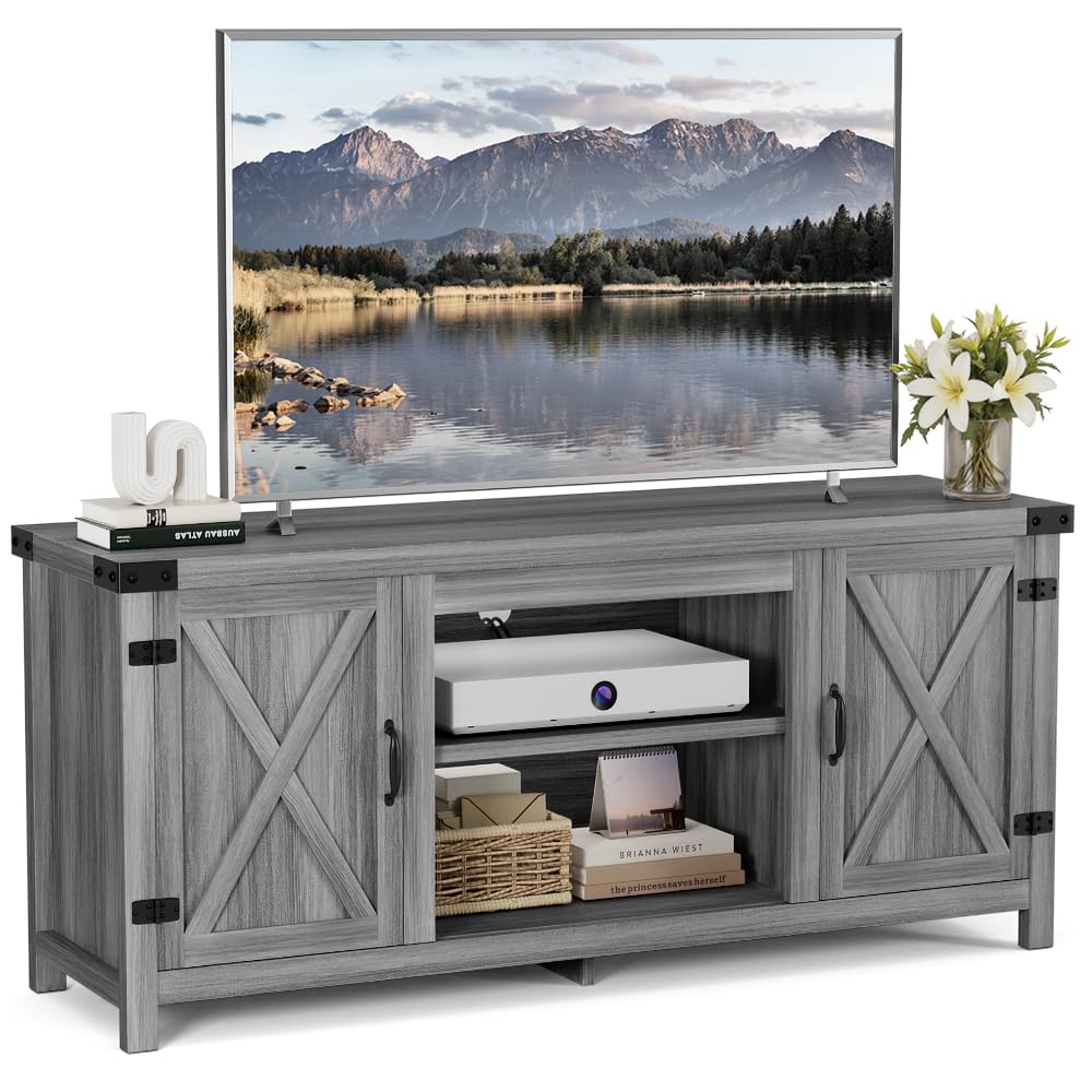 YESHOMY Modern Farmhouse TV Stand with Barn Door for 65 Inch TV, Gray Wash