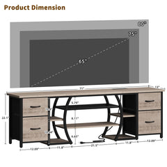 ZHNSYDN LED TV Stand for 65, 70, 80 Inch TV,71 Inch Industrial Entertainment Center with Power Outlets,Media Console Table with Open Storage Shelves & Fabric Drawers for Living Room Bedroom,Greige