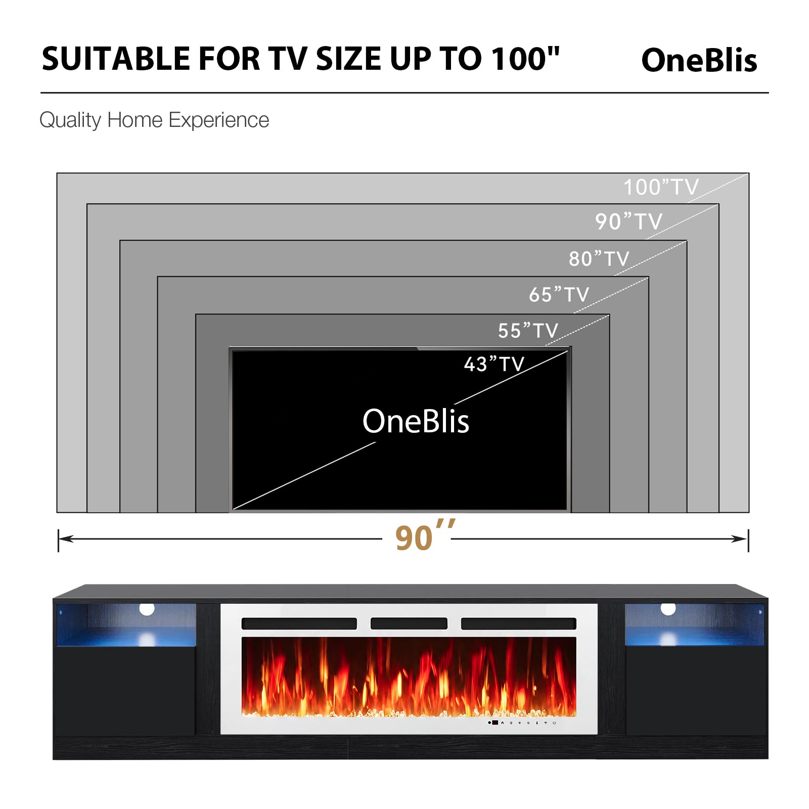 oneinmil Fireplace TV Stand with 36" Electric Fireplace, LED Light Entertainment Center, Modern Wood Texture Entertainment Stand with Highlight Storage Cabinet for TVs Up to 80", 70 inches, Black