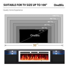 oneinmil Fireplace TV Stand with 36" Electric Fireplace, LED Light Entertainment Center, Modern Wood Texture Entertainment Stand with Highlight Storage Cabinet for TVs Up to 80", 70 inches, Black