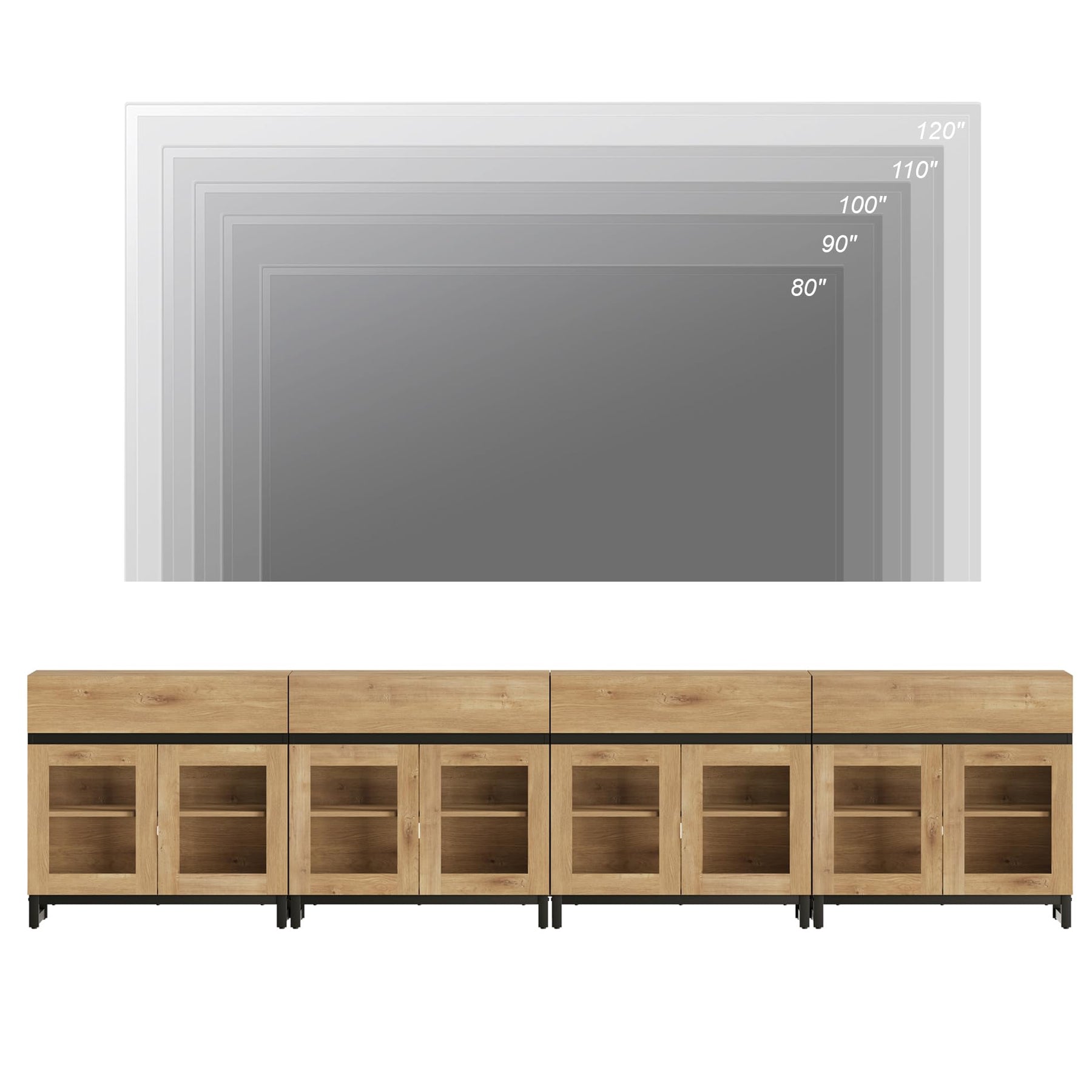 WAMPAT Modern TV Stand with Glass Doors for 80-120 inch TVs, 4 in 1 Entertainment Center Console with 4 Drawers and Metal Base for Living Room, Bedroom, Brown