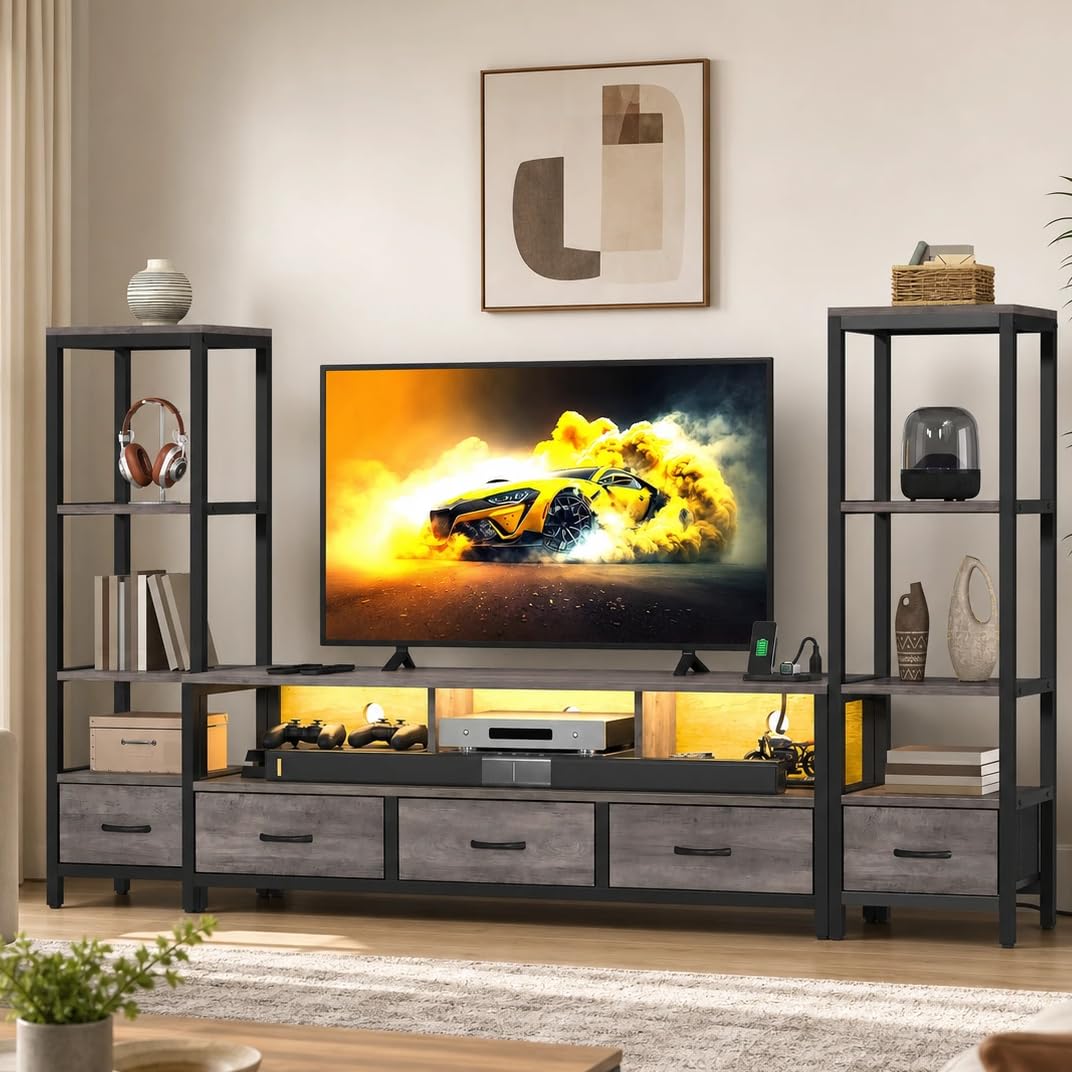 DWVO Industrial LED TV Stand for 65 Inch TVs, Entertainment Center with 2 4-Tier Bookshelves & Power Outlets, Media Console Table with 5 Drawers & Open Storage for Living Room, Grey
