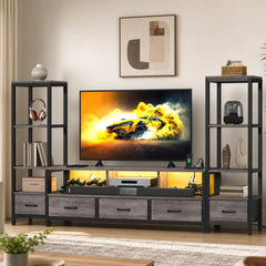 DWVO Industrial LED TV Stand for 65 Inch TVs, Entertainment Center with 2 4-Tier Bookshelves & Power Outlets, Media Console Table with 5 Drawers & Open Storage for Living Room, Grey