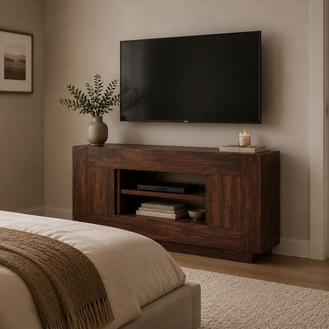 OKD 70" TV Stand for 80" TV, Thick Block Media Console, Antique White