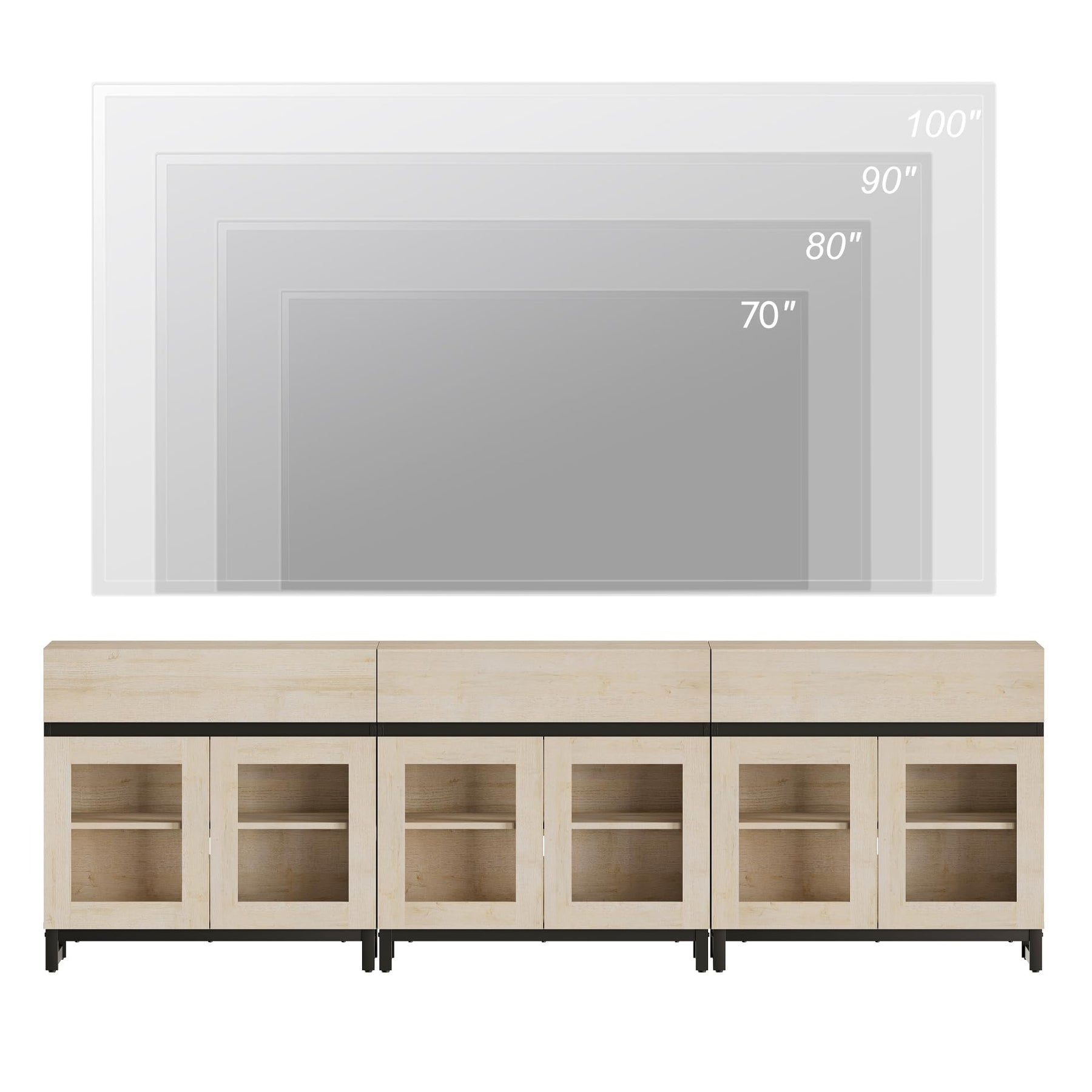 WAMPAT Modern TV Stand with Glass Doors for 80-120 inch TVs, 4 in 1 Entertainment Center Console with 4 Drawers and Metal Base for Living Room, Bedroom, Brown