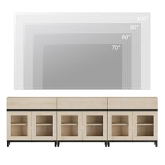 WAMPAT Modern TV Stand with Glass Doors for 80-120 inch TVs, 4 in 1 Entertainment Center Console with 4 Drawers and Metal Base for Living Room, Bedroom, Brown