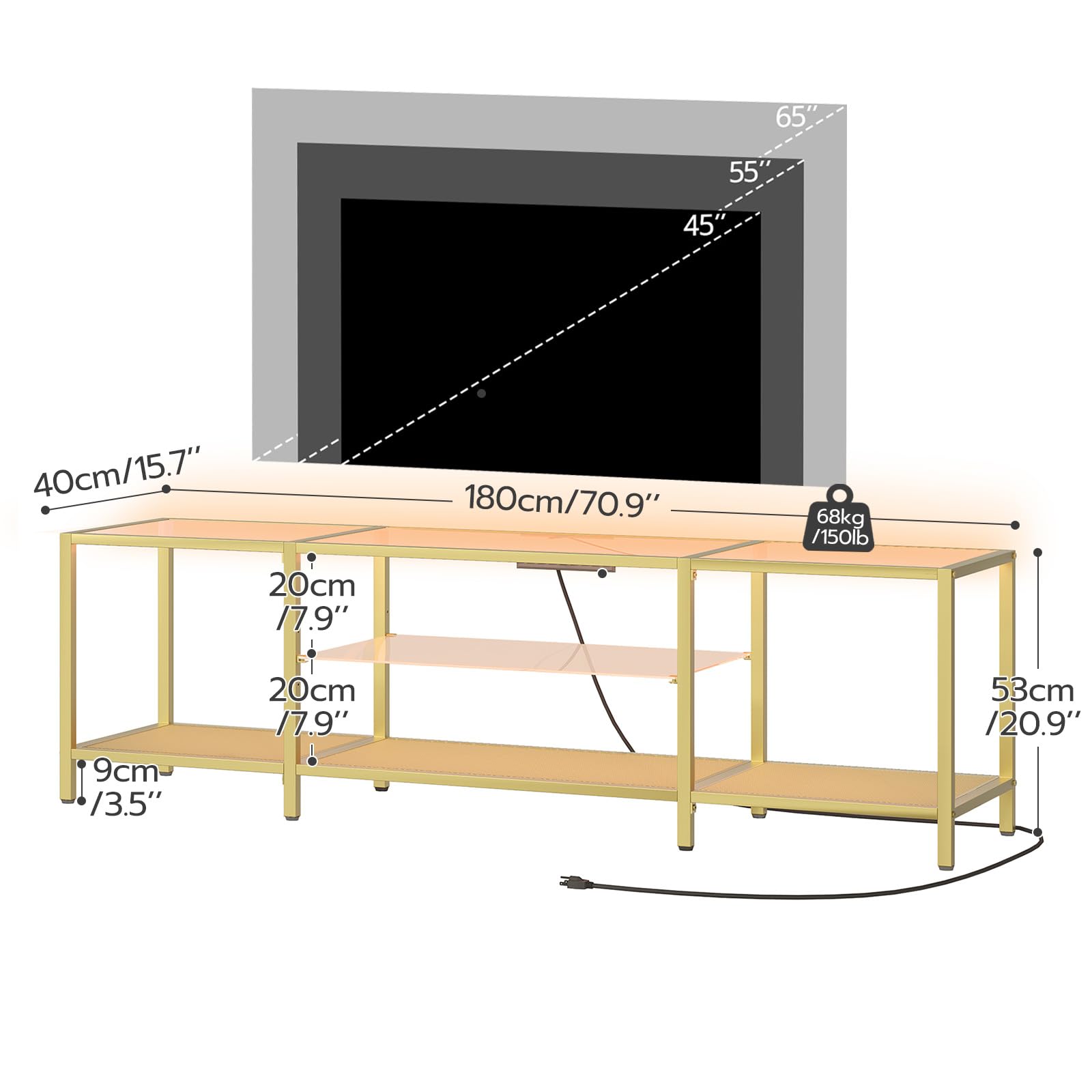 HOOBRO TV Stand with LED Lights and Power Outlets for TVs up to 75", Modern 70.9 Inch Tempered Glass TV Console Table with Open Shelves, Media Entertainment Center for Living Room, Gold GD185UDS01