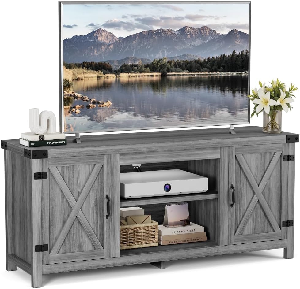 YESHOMY Modern Farmhouse TV Stand with Barn Door for 65 Inch TV, Gray Wash