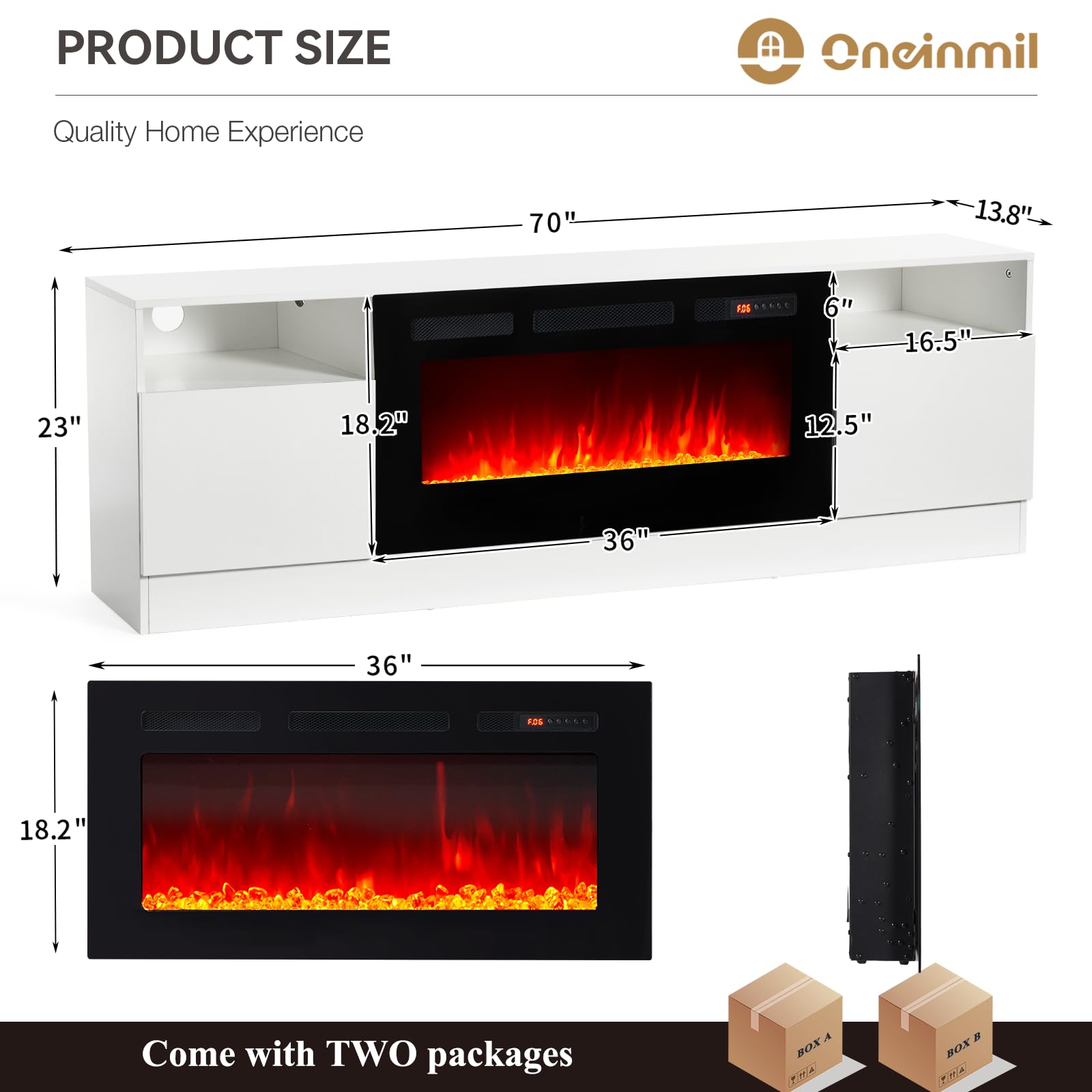oneinmil Fireplace TV Stand with 36" Electric Fireplace, LED Light Entertainment Center, Modern Wood Texture Entertainment Stand with Highlight Storage Cabinet for TVs Up to 80", 70 inches, Black