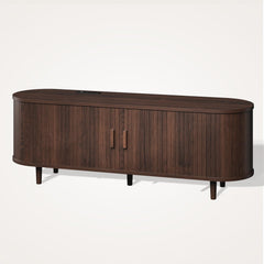 OneBlis 70" Mid Century Modern TV Stand, Wood TV Consoles with Sliding Doors and Power Outlet, Entertainment Center with Adjustable Shelves, Fluted TV Stands for Living Room, Walnut