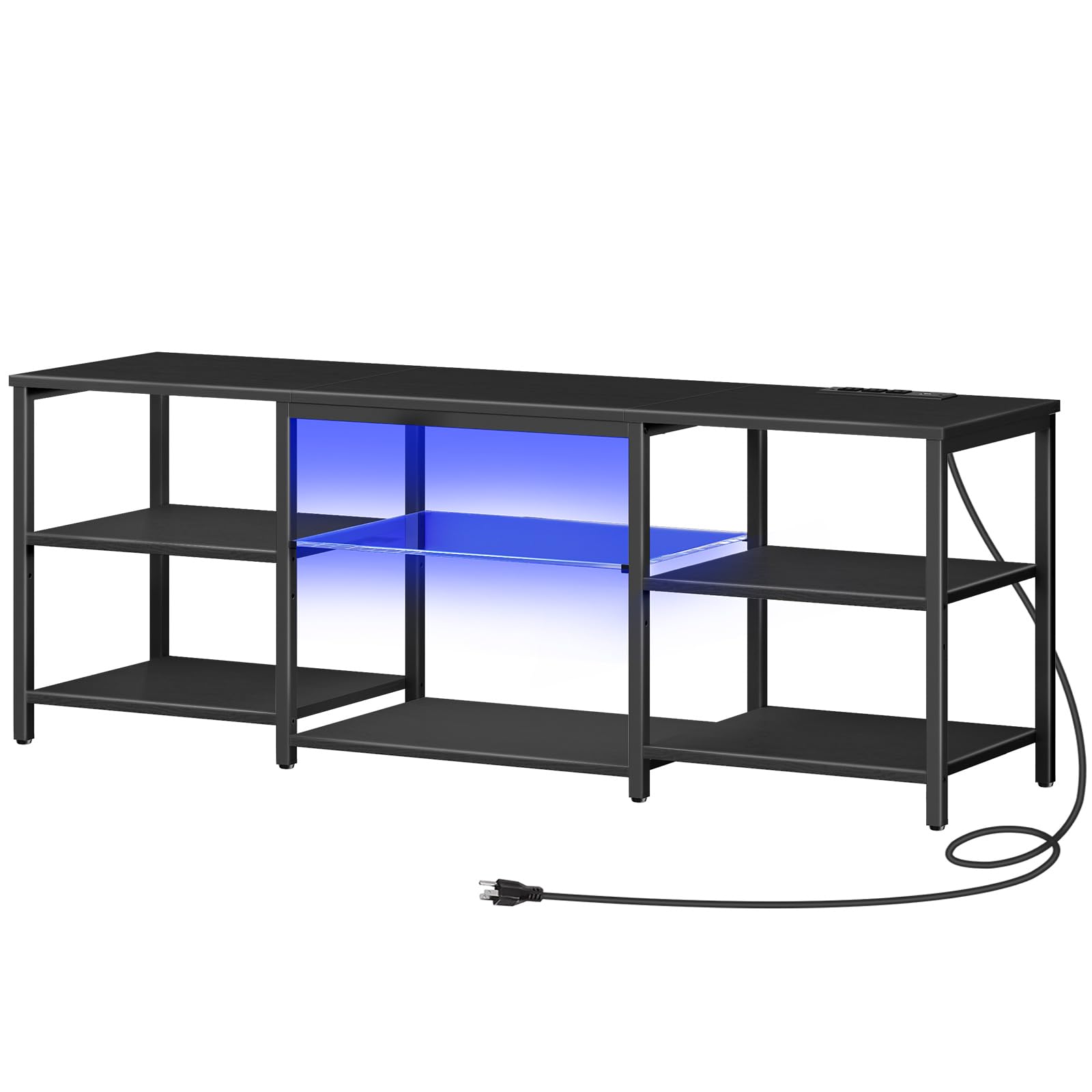 HOOBRO LED TV Stand for 75 Inch TVs with Charging Station, Gaming Entertainment Center with 3-Tier Open Storage, Long 70.1” Media TV Console Table, TV Stand for Living Room, Bedroom, Black BB22UDDS01