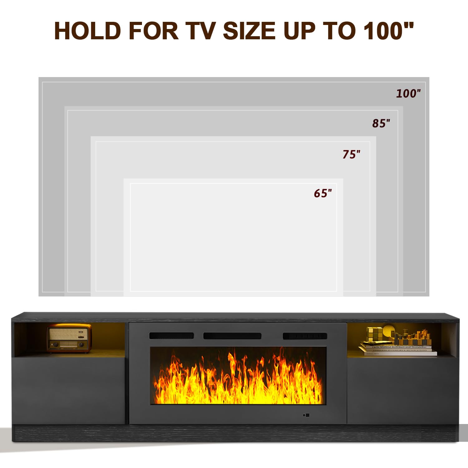 oneinmil Fireplace TV Stand with 36" Electric Fireplace, LED Light Entertainment Center, Modern Wood Texture Entertainment Stand with Highlight Storage Cabinet for TVs Up to 80", 70 inches, Black