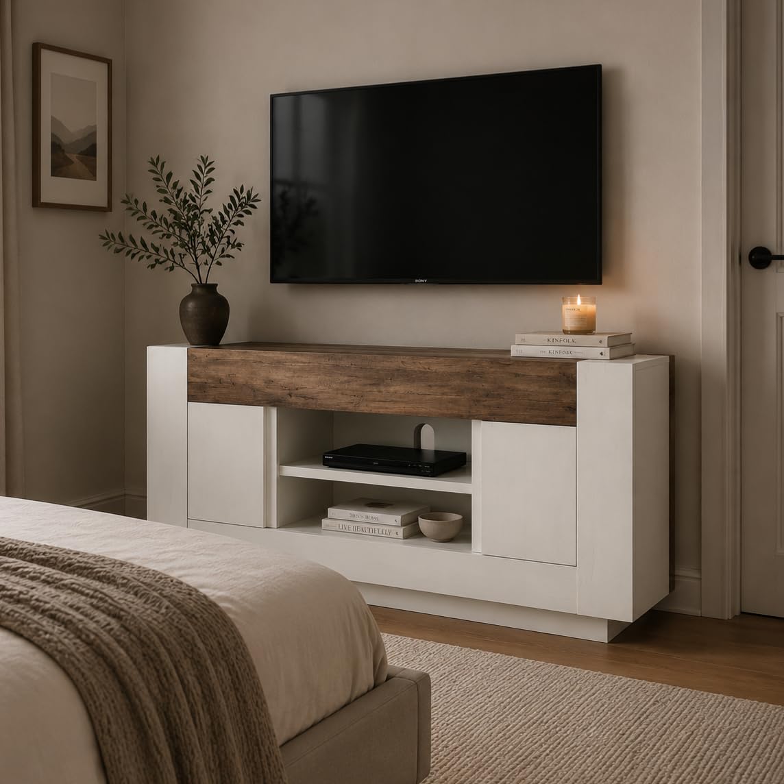 OKD 70" TV Stand for 80" TV, Thick Block Media Console, Antique White