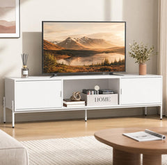 WLIVE 58" TV Stand for 65 Inch TVs, Mid Century Modern Entertainment Center with 2 Storage Cabinets & Open Shelf, Media Console Table with Metal Legs for Living Room, Bedroom, Rustic Brown