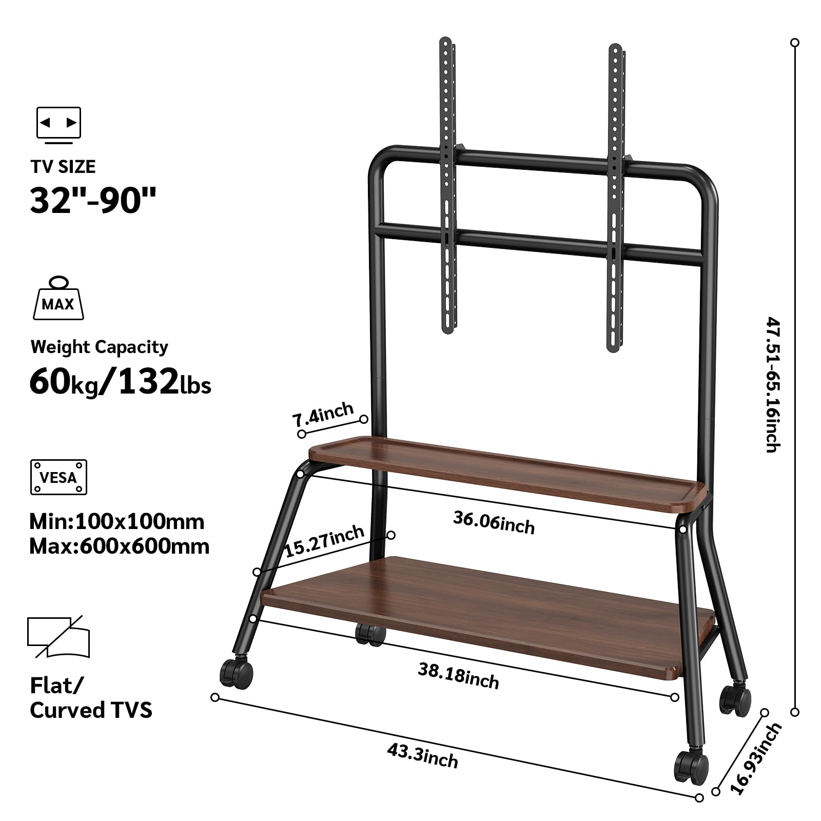 BEISHI Mobile TV Stand on Wheels for 32-75 Inch TVs