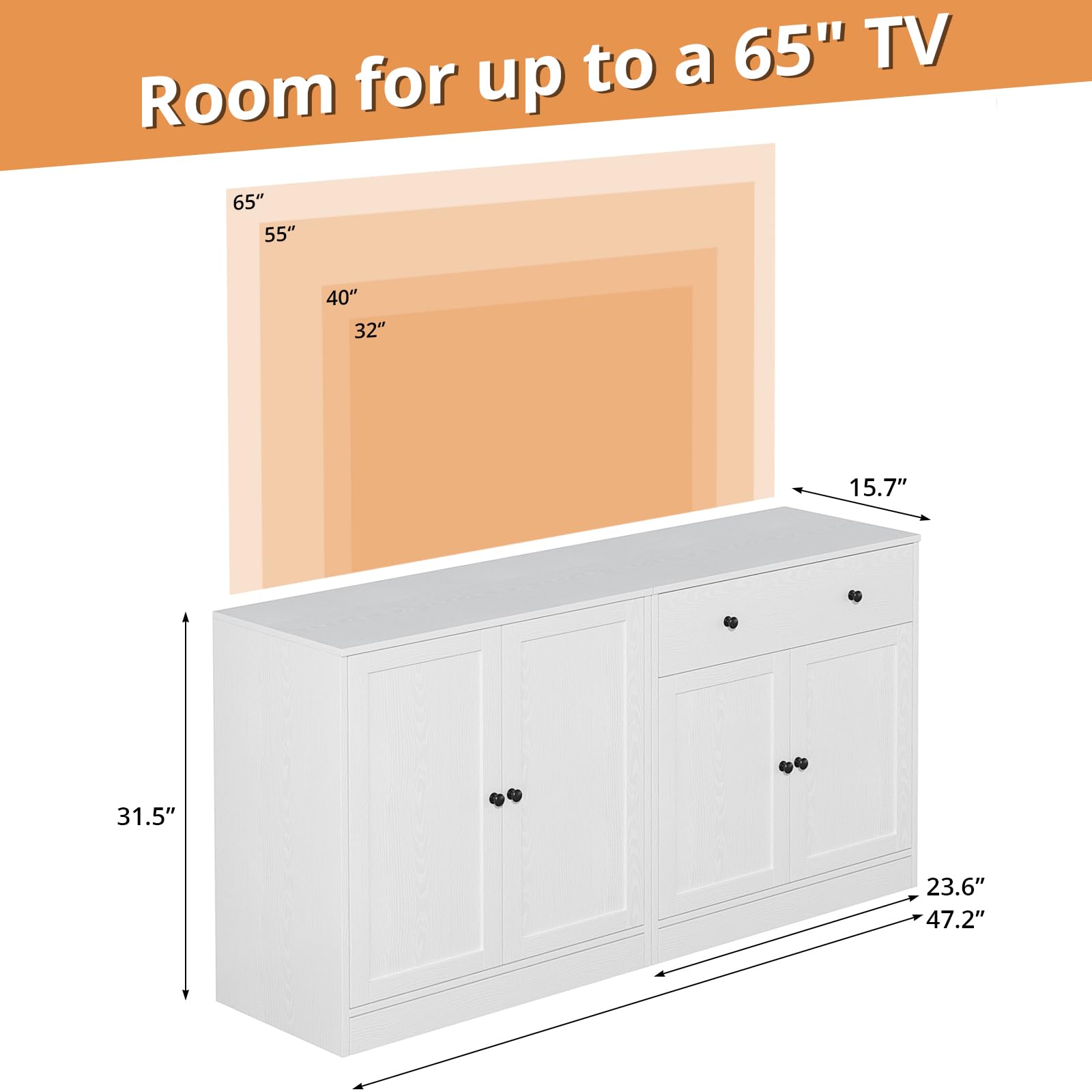 TUSY 71" Large TV Stand Set - TV Entertainment Center for TVs up to 65", Media Center with Tempered Glass Doors and Drawer, TV Hutch with Bookshelves for Living Room (White, BDDB)